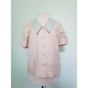 NUMPH Womens 36 Pointed Collar Blouse Check Button Pink Retro Schoolgirl Kawaii